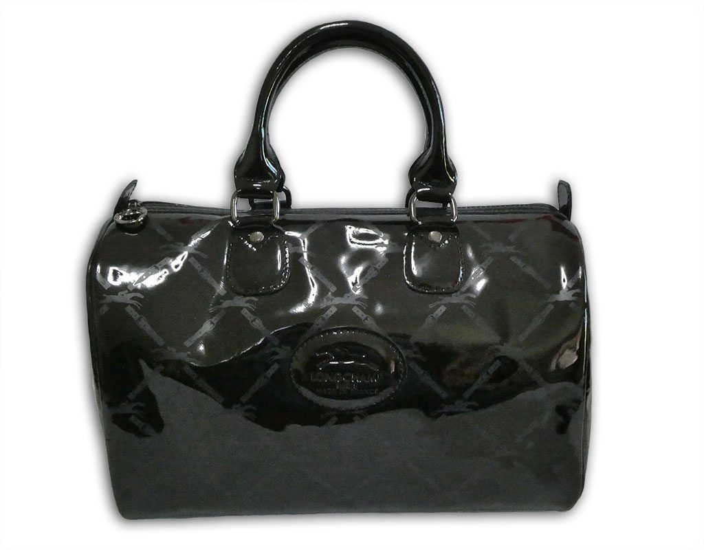 Longchamp Black Shiny Leather Front Pocket Zipper Top Hobo