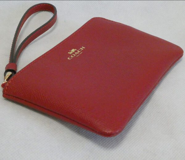 Coach red crossgrain leather corner zip wristlet pouch, new