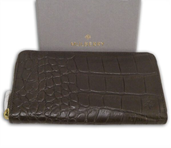 Mulberry chocolate printed veg tanned leather zip around purse wallet, new with box