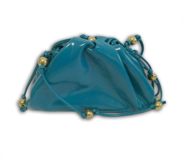 Bottega Veneta turquoise blue patent leather beaded mini pouch clutch shoulder bag & receipt
